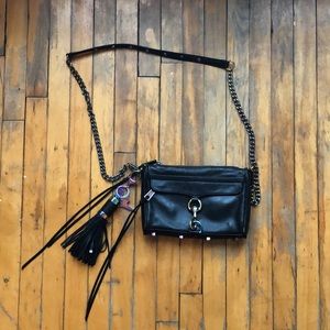 Rebecca Minkoff leather crossbody bag black/rainbow with tassel charger